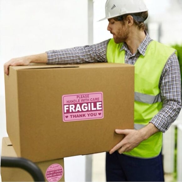 Pink Fragile - 100 Handle With Care Stickers - Do Not Crush Bend - Thank You - Picture 5 of 7